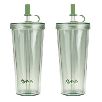 2PK Oasis Reusable Tall Smoothie Tumbler w/ Straw Double Walled 520ml Green Apple