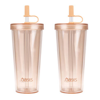 2PK Oasis Reusable Tall Smoothie Tumbler w/ Straw Double Walled 520ml Peach
