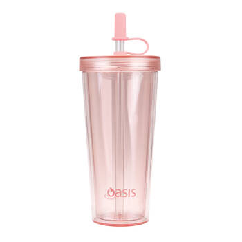 Oasis Reusable Tall Smoothie Tumbler w/ Straw Double Walled 520ml Strawberry