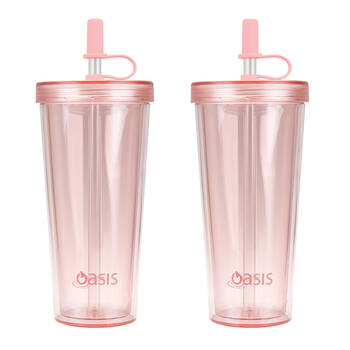 2PK Oasis Reusable Tall Smoothie Tumbler w/ Straw Double Walled 520ml Strawberry