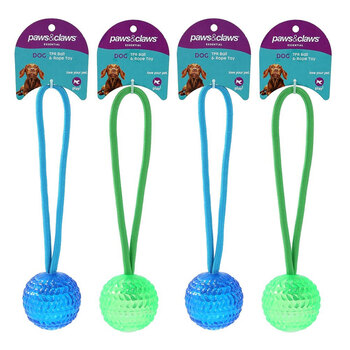 4PK Paws & Claws Tpr Ball & Rope Toy 25cm Assorted