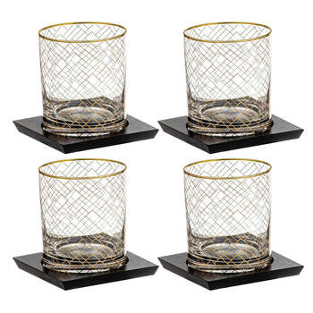 4x Tempa Winston 305ml Crystal Whisky Glass/Bamboo Coaster Set - Gold