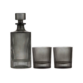 3pc Tempa Cyrus Thin Ribbed Whisky Decanter & Glasses Set Charcoal