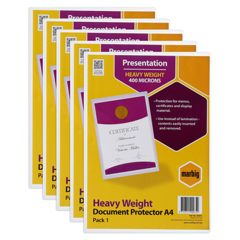 5PK Marbig PVC A4 File/Certificate Document Protector - Clear