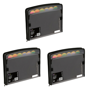 3PK Colourhide A4 Zip-It Expanding File w/ Pen Holder Loop Black