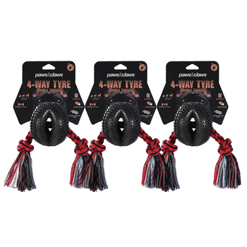 3PK Paws & Claws 4-Way TPR Tyre 40cm Double Tugger Rope