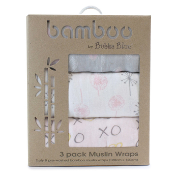 3pc Bubba Blue Bamboo Pink Bloom Muslin Wraps