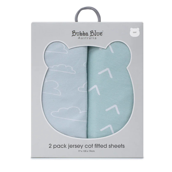2PK Bubba Blue Nordic 77x135cm Jersey Cot Fitted Sheet 0-12m Dusty Sky/Mint
