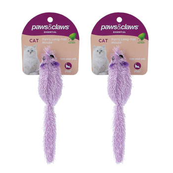 2x Paws & Claws Furry Long-Tail Catnip Mouse 17cm Assorted