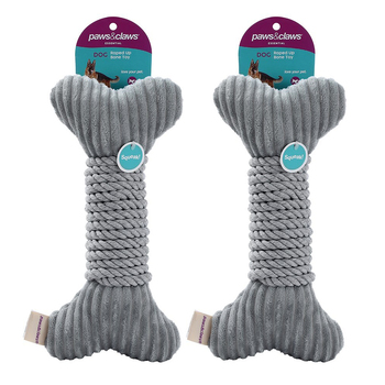 2PK Paws & Claws 30x14cm Roped-Up Plush Bone Dog Toy - Grey