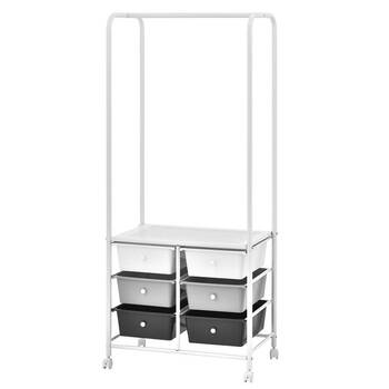 Boxsweden 6 Drawer Metal Trolley w/ Garment Rack - White
