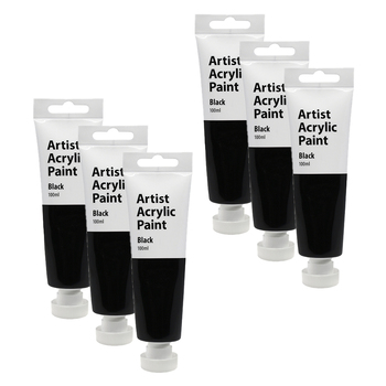 6PK Artist Acrylic Paint 100ml Paper/Clay/Canvas Painting Activity - Black