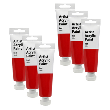 6PK Artist Acrylic Paint 100ml Gloss Finish Water Based - Red 3y+