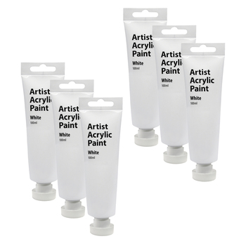 6PK Artist Acrylic Paint 100ml Gloss Finish Water Based - White 3y+