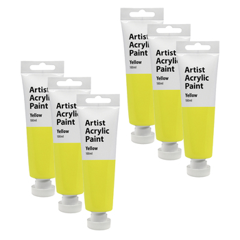 6PK Artist Acrylic Paint 100ml Gloss Finish Water Based - Yellow 3y+