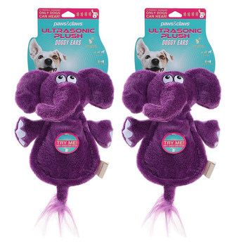 2PK Paws & Claws Doggy Ears Ultrasonic 33cm Elephant Plush Dog Toy - Violet