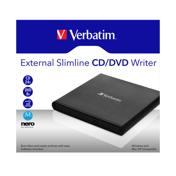 Verbatim USB 2.0 External Slimline CD/DVD Writer For Laptop - Black