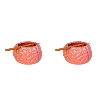 2PK Noodle Bowl W/Chopsticks Brain Contemporary Novelty Pink Ceramic Dinnerware