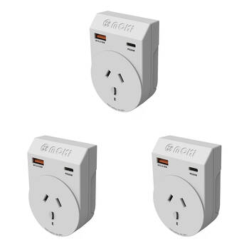 3PK Moki Travel Adaptor Plus Outbound AU/NZ to US  with Type-C & USB-A