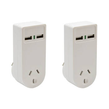 2PK Moki Power Socket w/ Dual USB-A Travel Adaptor Wall Charger - White