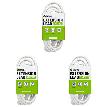 3PK Moki Electrical Extension Lead/Cable 3m Power Cord - White