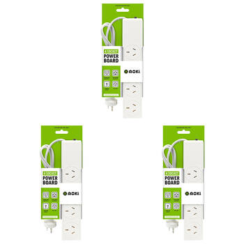 3PK Moki 4 Socket Compact Electrical Powerboard - White