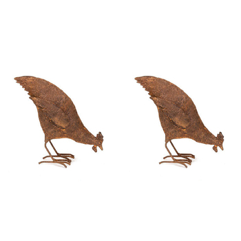 2x Garden Metal 17.5cm Metal Chicken Feeding Rust Small Outdoor Decor