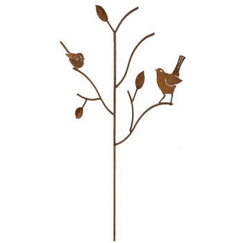Garden Rust Metal 128cm Leaf & Bird Stake Outdoor Decor