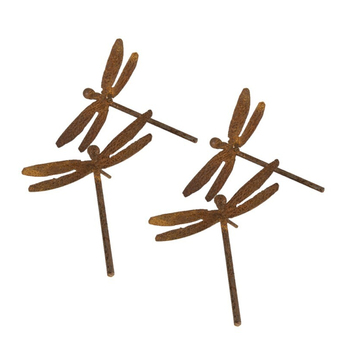4x Garden Rust Metal 8x7cm Dragonfly Spike Outdoor Decor
