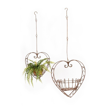 2pc Wire Metal Rust 38/51cm Heart Planters w/ Hook/Chain Set
