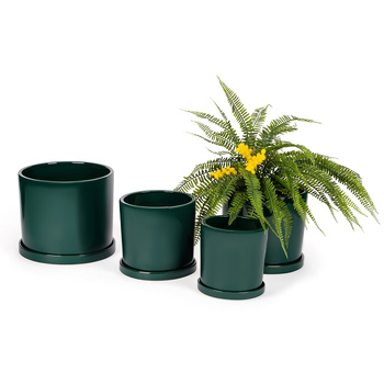 4pc Cylindrical Pot Planter w/ Saucer Set Garden Decor - Green