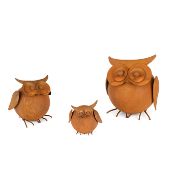 3pc Round Owl 7.5/11/16.5cm Rust Metal Ornament Garden Decor Set