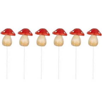 6PK Mushroom on Red Stick Outdoor Decoration Small & White Assorted