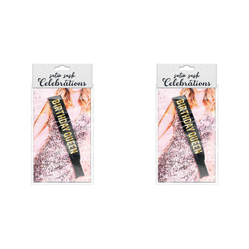 2PK Birthday Queen Party Gift Satin Sash Black w/ Gold Text