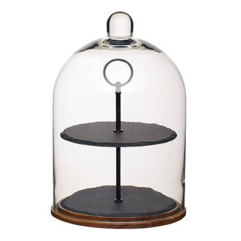 Artesa Appetiser Two Tier Serving Dome w/Wood Base Slate Trays Glass Dome/Cover