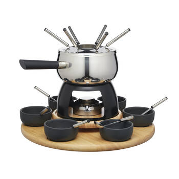 Artesa Six Person Party/Entertaining Fondue Set w/Wooden Base Serving Bowls