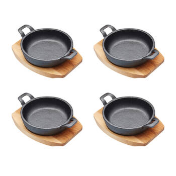 4PK Artesa Cast Iron Mini Gratin Dish/Serving Skillet w/Maple Wood Board 12.5cm