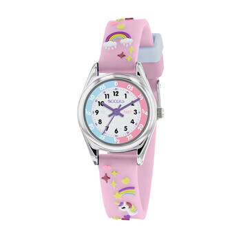 Tikkers Time Teacher Dial Strap Watch with Unicorn & 3D Stickers - Pink