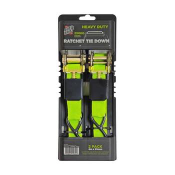 2PK AutoShift Heavy Duty Ratchet Tie Down 250kg Capacity w/Auto-Lock 4m Lime