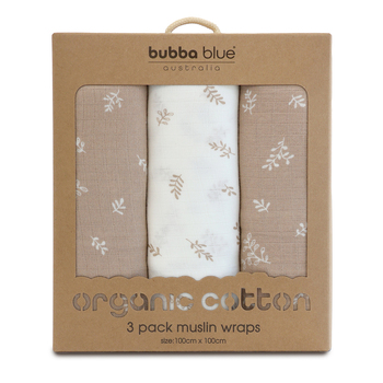 3pc Bubba Blue Organic Cotton Baby/Childrens Muslin Wraps, Chestnut