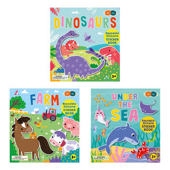 3pc Buddy & Barney Reusable Silicone Sticker Book Dinosaurs/Farm/Sea Set 3y+