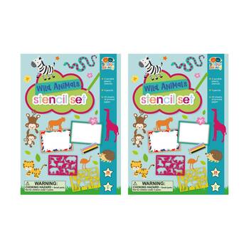 2x 7pc Buddy And Barney Stencils Pencils Wallet Wild Animals Colouring Book 3Y+