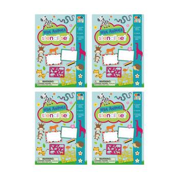 4x 7pc Buddy And Barney Stencils Pencils Wallet Wild Animals Colouring Book 3Y+