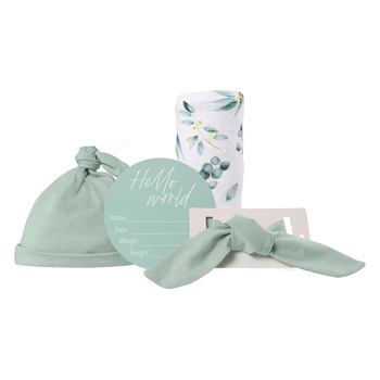 Baby Announcement Set Eucalyptus Beanie/Headband Printed Cloth Wrap