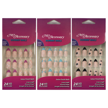 3x 24pc My Accessory Runway Fashion Almond Shape Artificial Glue On Nails Assorted