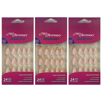 3x 24pc My Accessory Runway Glitter Tips Almond Shape Artificial Glue On Nails Assorted