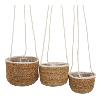 LVD 3PK Hanging Sea Grass/Jute 23/21/19cm Basket Planter Tub Set - White
