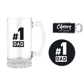 3pc LMD #1 Dad 490ml Stein Glass Mug/Opener/Coaster Pad