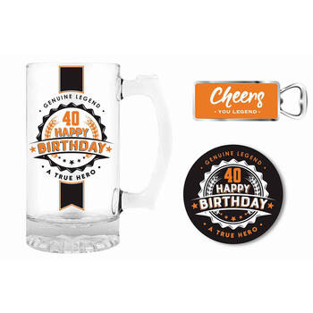 3pc LMD 40 Happy Birthday 490ml Stein Glass Mug/Opener/Coaster Pad