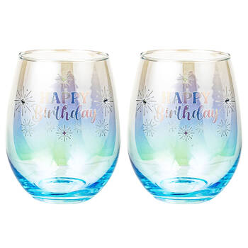 2PK LMD Happy Birthday Stemless Holographic Glass 560ml Water Tumbler